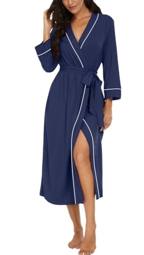 PrinStory Women Dressing Gowns Causal Kimono Robes Long Bathrobe Soft Womens 3/4 Sleeve Ladies Loungewear (Navy Blue, M)