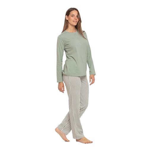 TRAMAS+ Pijama Mujer 100% algodón, Pijama Largo Mujer, Conjunto de Camiseta Manga Larga y Pantalón Largo con Cintura Ajustable - M, Raya Kodac Verde Keike
