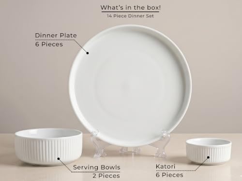 Image of Bodhi House 14-Piece Ribbed Porcelain Dinner Set for 6, White Dinnerware Set with Dinner Plates, Katori & Serving Bowls, Chip Resistant, Lightweight, Microwave & Dishwasher Safe Crockery Set
