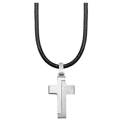 s.Oliver Kette mit Anhänger Edelstahl Leder Jungen Kinder Halsschmuck, 40+3 cm, Schwarz, Kreuz, Kommt in Schmuck Geschenk Box, 2024225 Cover
