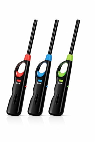 Long Reach BBQ Utility Lighter with Safety Lock, Multipurpose for Grill, Candles, Stove, Fireplace, Assorted Colors, 3 Pack
