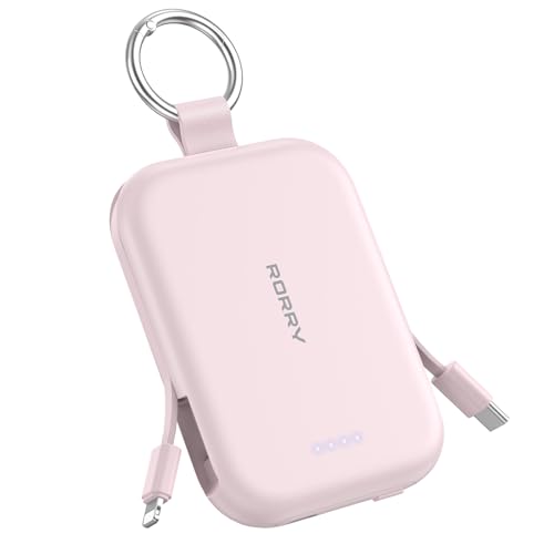 RORRY CharmGo Portable Charger 5000mAh Portable Charger Power Bank with Built-in Cables Travel Keychain Charger Battery Pack for iPhone 17/16/15/14/13/12 for AirPods 2/3/4/Pro Pink