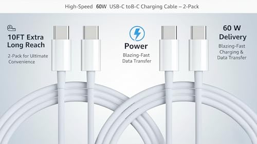 2Pack Long USB C to USB-C Charger Cable 10ft, 10 Feet USBC to C Fast Charging Cord 60W for Apple iPhone 17/16/15 Pro Max/Pro/Plus,10 Foot USB Type C Charger for i-Pad Pro12.9/11/10/6/5/4/3/Air/mini