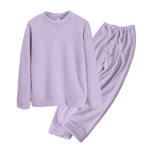 Generisch Women's Long Winter Terry Cloth Pyjamas Set, Warm Winter Sleepwear, Fluffy Sleep Shirt, Sleep Bottoms, Two-Piece Outfit, Crew Neck, Terry Towelling Pyjamas, Lightweight Sleepwear