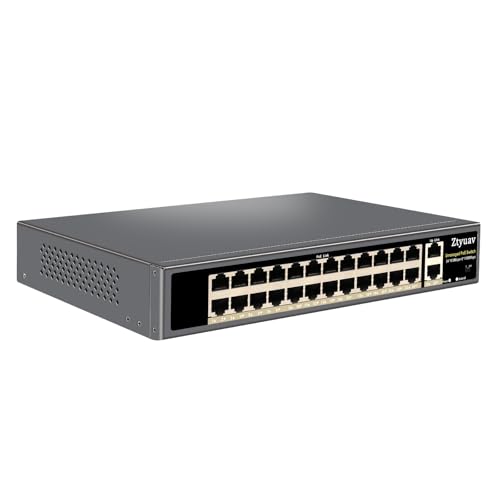 Image of 26-Port Unmanaged PoE Switch with 24 PoE+ Ports @400W 10 /100Mbps and 2 Gigabit Uplink Ports, IEEE802.3af /at, PoE Watchdog, VLAN Mode, Extend to 250m, Built-in Cooling Fan, Metal Plug & Play