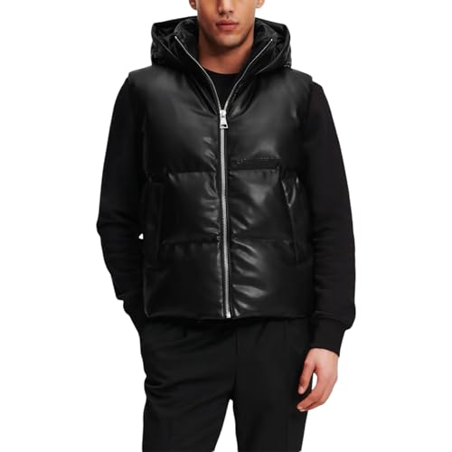 Chaleco acolchado de cuero negro para hombre con capucha 2