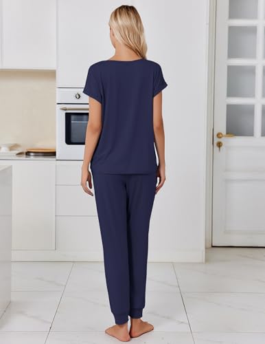 Image of Ekouaer Pajamas for Women Set Short Sleeve Lounge Set Jogger Pants Pjs Soft Sleepwear with Pockets S-XXL