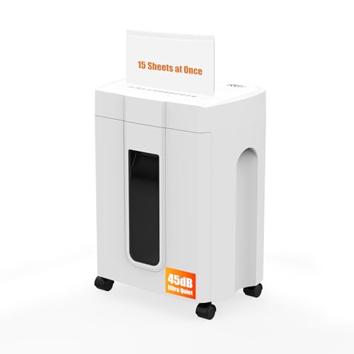 45dB Ultra Quiet Paper Shredder, 15 Sheets Cross Cut Shredders for Home Use UK with 18L Pull-Out Bin & Casters, White Office Shredder for Confidential Documents,Shred Credit Card/Mail/Staple