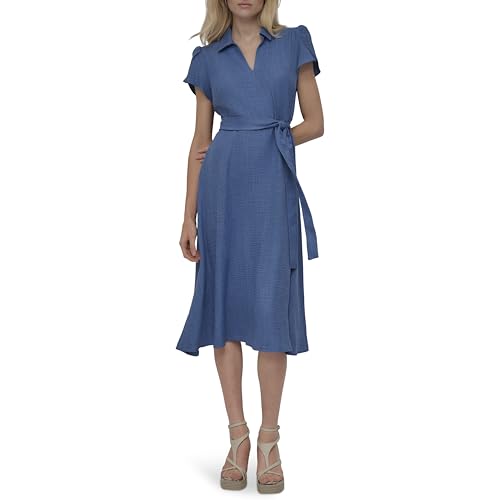 Image of DKNY Women's Short Sleeve Collared V-Neck Tie Waist Midi Dress