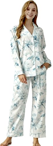 LougGen Womens Pajama Sets 2 Piece Long Sleeve Button Down Floral Sleepwear Nightwear Soft Comfy Pjs Lounge Sets with Pockets Blue Floral Large
