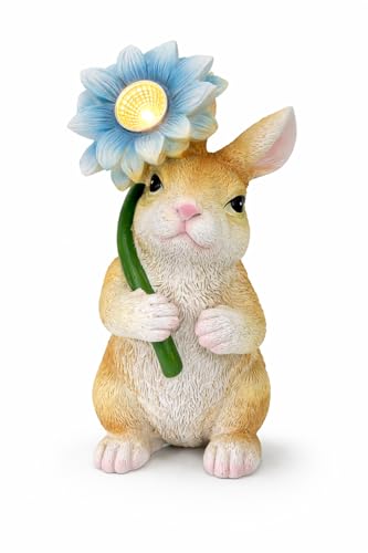 GoGnome Solar Rabbit Garden Statue with LED Flower – Hand-Painted Resin Bunny Figurine, Outdoor Solar Light Decor for Yard, Patio, Porch, Lawn (Rabbit)