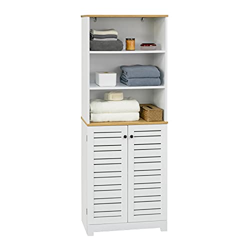 SoBuy BZR44-W Meuble Colonne de Salle de Bain Armoire Haute Meuble de Rangement avec 3 Etagères et 2 Portes persiennes, Bibliothèque – L60 x P30 x H160 cm