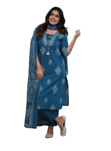 PARTHVI|Women's Pure Cotton Printed with Handwork Kurta with Pant...