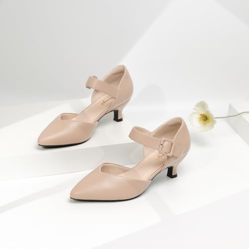 Image of RIBONGZ Comfortable Kitten Heels for Women Pointed Closed Toe Ankle Strap Buckle Heels Slip on Low Heel Church Pumps Wedding Bridal Party Dressy Shoes