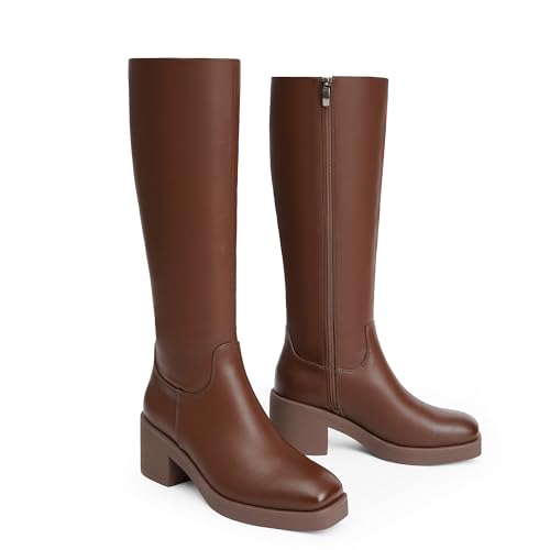 Modatope Platform Knee High Boots Square Toe Chunky Heel Boots for Women Side Zipper Block Heel Womens Heeled Boots4