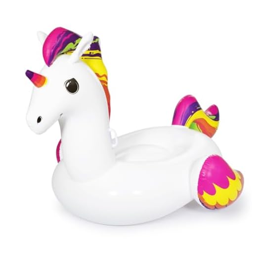 BESTWAY 41113 - Unicornio de Fantasía Hinchable 224x164 cm Para 1 Adulto Con Asas de Agarre Laterales Blanco con detalles Arcoíris Válvulas de Seguridad y Parche de Reparación