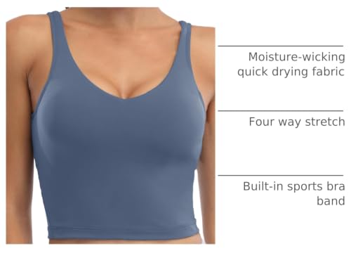 Image of Oalka Sports Bra Womens Longline Padded Crop Yoga Tank Tops | Built in Bras, Workout, Athletic, Fitness, Super Soft, Comfort, Cropped Top, Removable Pads, Heart Neckline For Women