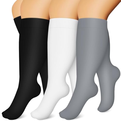 Image of 3 Pairs Plus Size Compression Socks for Women and Men Wide Calf 20-30mmhg Extra Large Knee High Support for Circulation