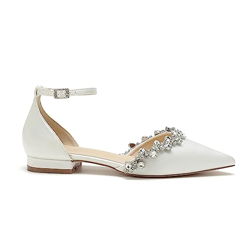 Pointed Toe Satin Wedding Flats for Bride Comfortable Rhinestones White Wedding Shoes Low Heels Bridal Flats Evening Prom Party Dress Shoes Pumps for Women4