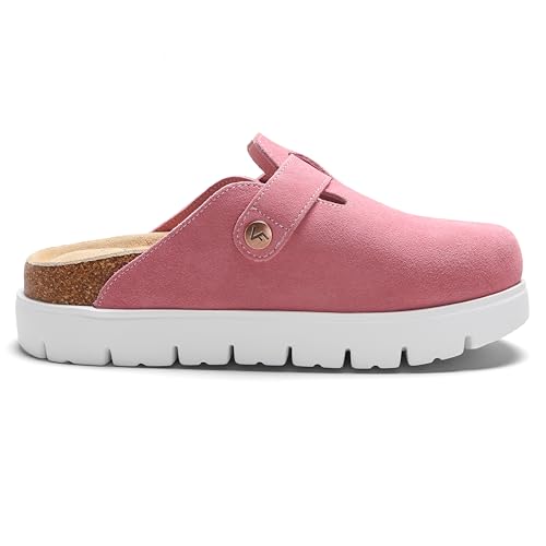 Image of Women's Suede Platform Clogs Leather Mules Slip On Indoor Outdoor Shoes | Arch Support, Cork Footbed, Adjustable Buckle,Water Resistant Upper,All Day Comfort