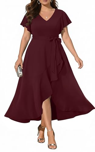 Image of Women Plus Size Wedding Guest Dress - Formal Cocktail Split Ruffle V Neck High Low Party Long Maxi Dresses