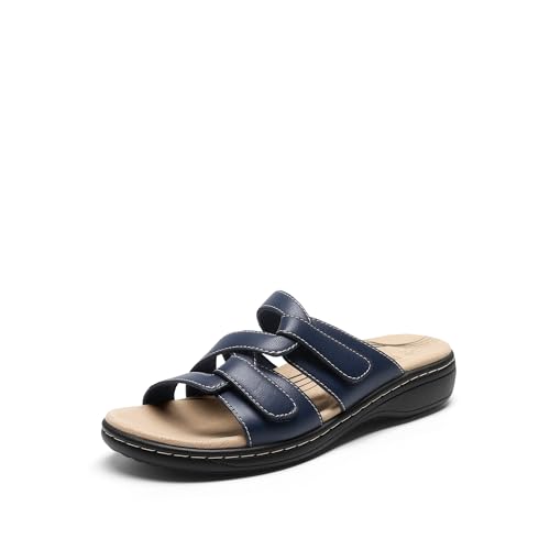 DREAM PAIRS Womens Slides Arch Support Slip on Flat Sandals Plantar Fasciitis Soft Cushion Slippers With Adjustable Straps 6.5 Navy