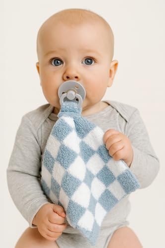 Image of L+L USA Checkered Baby Lovey Pacifier /Teether Holder 10 inchx10 inch - DreamSoft Plush Fluffy Cuddly Soothie Reversible Mini Comfort Blanket - Cute Newborn Gift Essential Babies Boys Girls (Steel Blue /White)