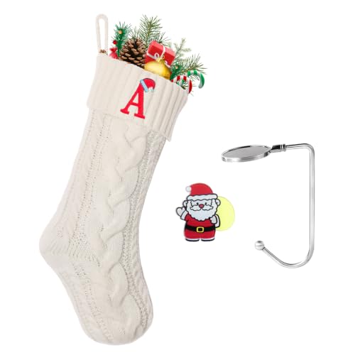 guccde Christmas Stockings with Initials, Personalized Embroidered Monogram 18 Inches Knitted Christmas Stockings Fireplace Xmas Stockings for Kids,Family Holiday Party Decoration White Letter A