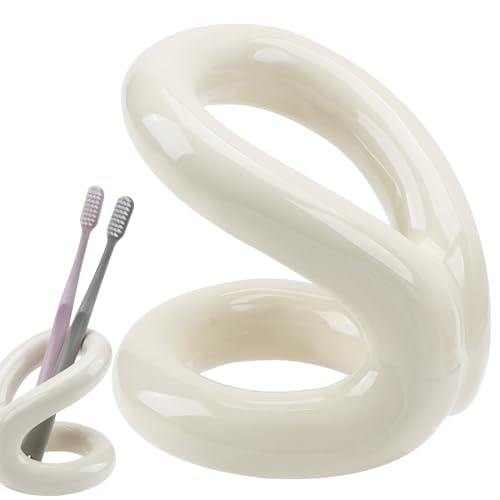 DODAMOUR Toothbrush Holder, Knot-Shaped Minimalist Toothbrush Storage, Ceramic Stylish Toothbrush Organizer, Decorative Stand for Bathroom Sink and Countertop (White)