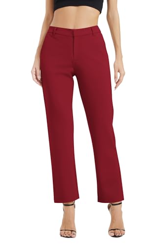 EXCHIC Mujeres Casual Comercio Rectas Piernas Trabajo Elástica Cintura Traje Pantalones con Bolsillos(S, Rojo Vino)