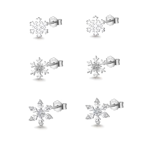 HinDaLi 3 Paires Petite Flocon de Neige Boucles d'oreilles en Argent 925 pour Femme Fille Clous d'oreilles Argent Zirconium Boucles d'oreilles Femme Flocon de...