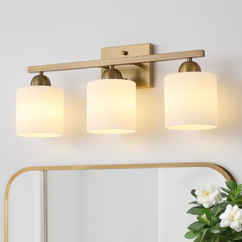 Image of Mecgirn Milk Glass Vanity Lights for Bathroom, 3 Light Brass Bathroom Light Fixtures Over Mirror, Ceramic E26 Sockets Wall Mounted