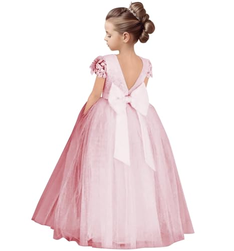 Tulle Pageant Dresses for Girls Puffy Flower Girls Lace Sleeve Dress for Wedding Kids Tutu V-Back Prom Ball Gown