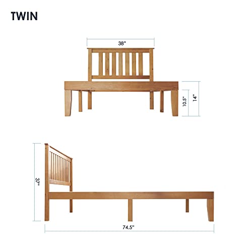 Mellow Marley 14 Inch Solid Wood Platform Bed with Paneled Headboard, Natural Pine, Twin
