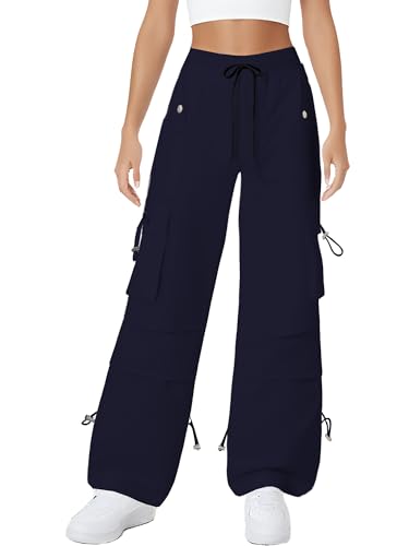 SANGTREE Women's Parachute Pants Drawstring Baggy Cargo Pants Y2K Hip Hop Streetwear Rave Pants