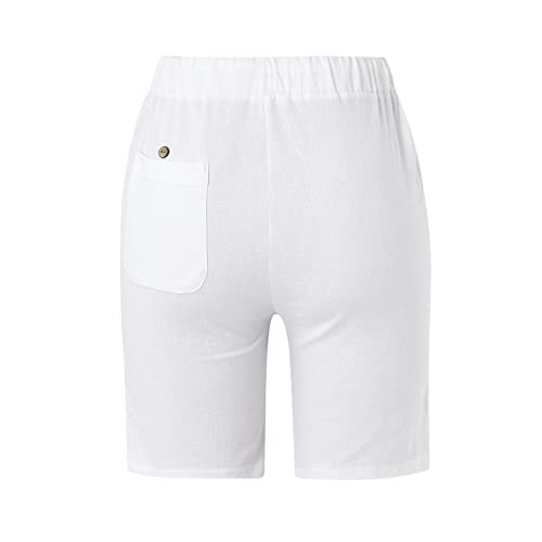 Biker Shorts Women,Cotton Linen Bermuda Shorts For Women Elastic High Waist Solid Color Cargo Shorts Comfy Summer Sweat Shorts With Pockets High Waisted Shorts Women White L #TOP6
