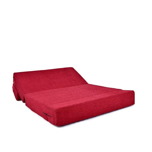 Image of Foldable Two Seater Sofa Bed 4X6 Ft Jute Fabric Washable Cover Convertible Sofa Bed for Home & Office, Guest Room (Finish Color Red - Pre-Assembled)