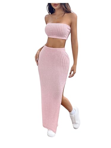 Floerns Women's 2 Piece Outfit Summer Crop Tube Top and Slit Bodycon Long Skirt Set Pink X-Small