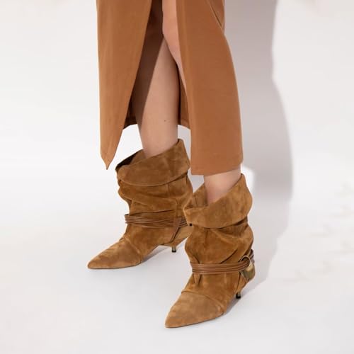 Womens Slouchy Kitten Heel Boots Pointed Toe Suede Ankle Boots Slip On Causal Winter Short Booties2