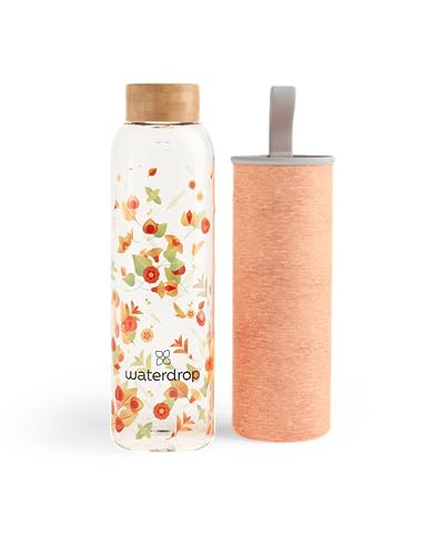 Waterdrop Water Bottle, Bamboo Lid, Neoprene Sleeve, Leakproof, Glass Water Bottle for On the Go Hydration, Dishwasher Safe, Glass Bottle for Hot & Cold Beverages, Reusable Bottle, BPA Free, 34 Oz