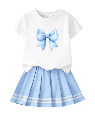 Image of Betusline Girls Skirt Set JK School Uniform 2-Piece Outfit - Short Sleeve & Webbing Solid Skirt,Bow Blue,4-5T = Tag 120