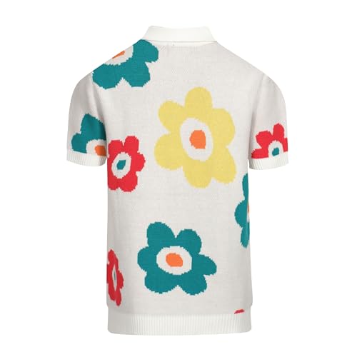 OXKNIT Men's Vintage Polo Shirt Flower Patterns Knit Casual Button Down Short Sleeve Shirts2