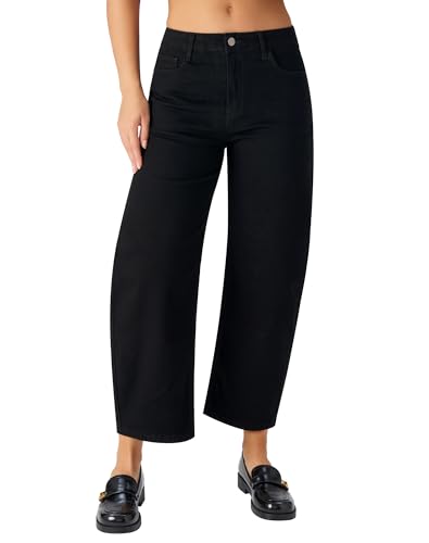 roswear Women's Barrel Jeans Petite Wide Leg Cropped Stretchy Baggy Denim Pants