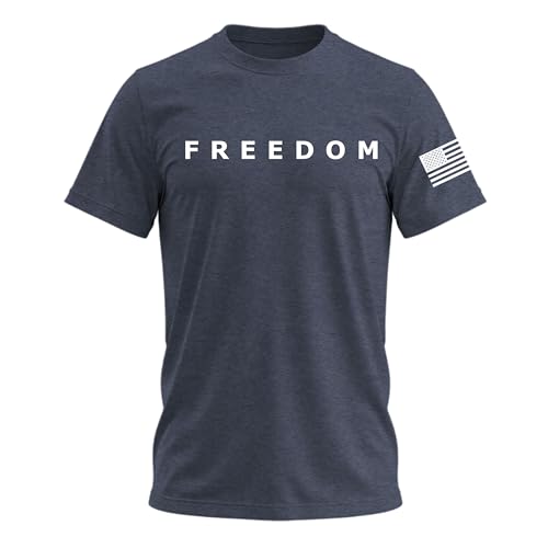 Freedom Shirt Simple Freedom Text with Flag on Sleeves T Shirt for Men & Women Patriotic Mens Tshirts Graphic Tee Navy Heather Large