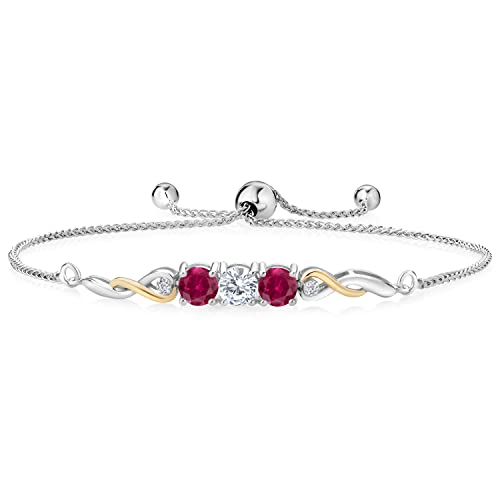 Two-Tone Gemstone Birthstone and Created ruby and Accent Lab Grown Diamond Infinity Tennis Bracelet For Women In 925 Silver and 10K Yellow Gold | Round 5MM and 1.3MM | Fully Adjustable Up to 9 Inch
