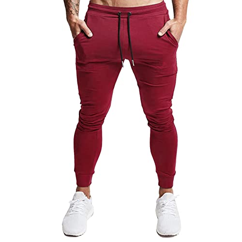 Buxkr Men's Slim Joggers Workout Pants For Gym Running And Bodybuilding Athletic Bottom Sweatpants With Deep Pockets,Wine Red,L #TOP1