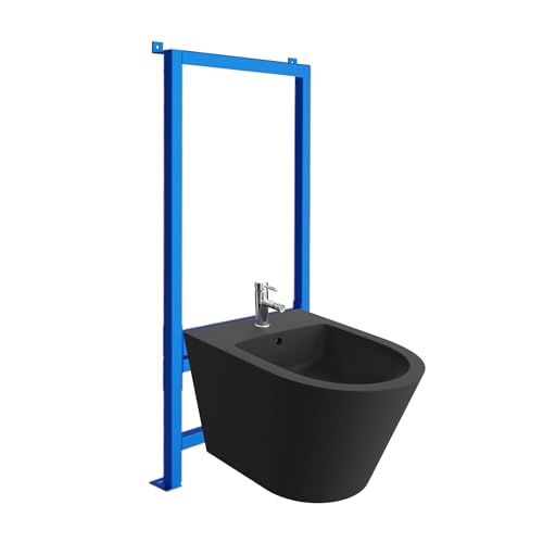 LAVITA Vorwandelement für Bidet LAV 500 + Wand-Bidet Galve Black Komplettset Wand-Hänge Bidet mit Hahnloch und Überlaufschutz aus Keramik WC Toilette Hygienisch und Pflegeleicht 35x51x34 cm