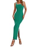 BTFBM Women's 2025 Summer Knit Bodycon Maxi Dress Sleeveless Square Neck Slit Tank Party Club Ribbed Sweater Dresses(Solid Green, Medium)