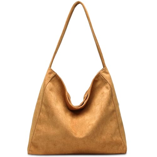 Gluckstar Handtasche Damen Groß, Künstliche Wildleder Tasche Damen, Elegante Shopper Tasche für Frauen, Modische Schultertasche für Freizeit, Arbeit, Reisen, Khaki