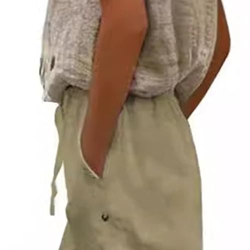 Cropped Linen Pants Women Striped Elastic Waisted Drawstring Capri Pants with Pockets Side Button Casual Pant3